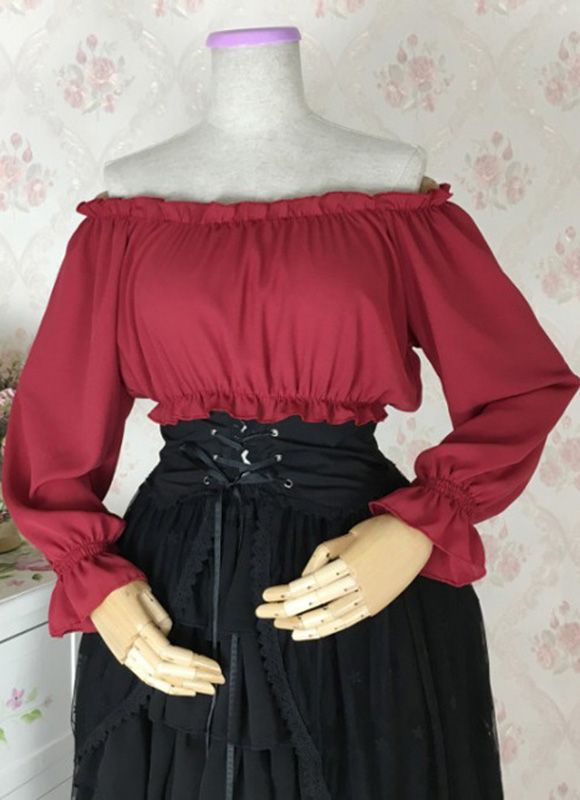 Steampunk Renaissance Blouse Women Cropped Off The Shoulder Blouse Long Sleeve Crop Top     Color:  As Picture   Applicable People:Adult   Gender:Women   Material: This Blouses is made of  High Quality Chiffon And Cotton, soft and comfortable to wear   Package Includes: One Blouses   Occasion: Masquerade,Birthday Party,Cosplay Party,and it's a good gift for Girlfriend,Daughter       Size:(cm)   One Size,Bust80-100cm,Waist76-100cm,Length34cm,Sleeve60cm   The chest, wa Gothic Long Sleeve Tops For Costume Party, Gothic Tops For Costume Party In Fall, Gothic Top For Costume Party In Fall, Fitted Gothic Blouse For Summer, Gothic Long Sleeve Top For Summer, Spring Punk Tops For Cosplay, Spring Punk Cosplay Tops, Gothic Style Cosplay Top For Fall, Gothic Tops For Spring Costume Party