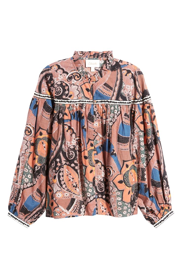 Drop a boho beat into your OOTD with a cotton voile top patterned in a lively print. 24 1/2" length (size Medium) Front button closure Band collar Long sleeves with one-button cuffs 100% organic cotton Dry clean or hand wash, line dry Imported Multicolor Boho Collar Top For Fall, Bohemian Blouse With Vibrant Print, Bohemian Blouse With Vibrant Patterned Print, Cotton Boho Print Patterned Blouse, Bohemian Cotton Blouse With Pattern, Bohemian Blouse With Vibrant Print For Festival, Fall Cotton Blouse With Boho Print, Cotton Blouse With Boho Print For Fall, Bohemian Cotton Peasant Top With Floral Print