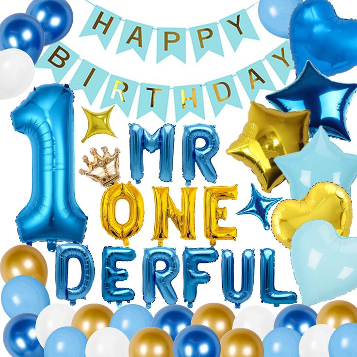 the first birthday balloons and streamers are blue, white, and gold for mr onederful