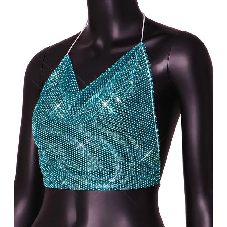 Blue rhinestone see through backless top. Evening Backless Top With Built-in Bra, Summer Party Mesh Top With Built-in Bra, Sequin Halter Neck Top For Night Out, Glamorous Halter Neck Tops For Night Out, Embellished Halter Neck Tops For Party, Glamorous Fitted Tops With Built-in Bra, Blue Backless Party Top, Glamorous Backless Club Tops, Chic Embellished Tops For Club