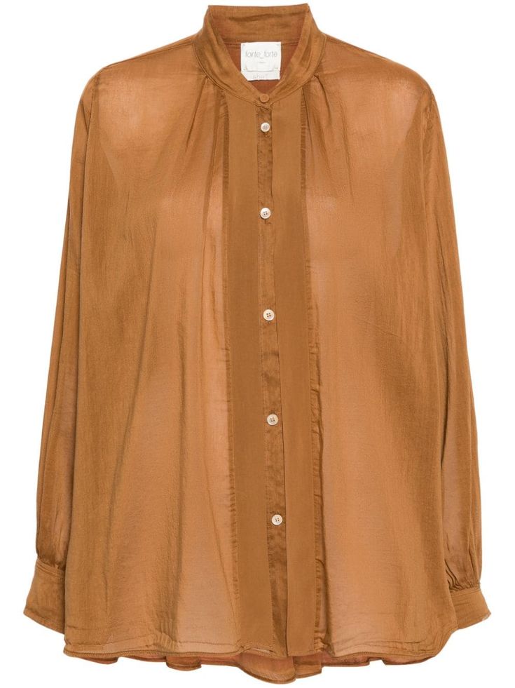 caramel brown cotton-silk blend semi-sheer construction band collar long sleeves buttoned cuffs pleat detailing rear pintuck detailing curved hem front button fastening Classic Brown Blouse With Button Closure, Elegant Brown Blouse With Buttons, Classic Brown Blouse For Spring, Elegant Brown Button-up Blouse, Brown Long Sleeve Blouse For Daywear, Long Sleeve Brown Blouse For Daywear, Classic Brown Spring Blouse, Spring Brown Blouse With Button Cuffs, Classic Brown Blouse With Button Cuffs