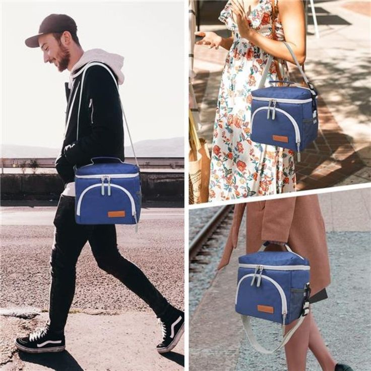 three different images of people walking and carrying bags