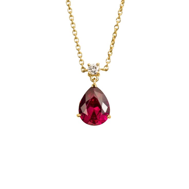 Ori necklace in gold set with Ruby and Diamond. Mesmerizing simplicity that never goes unnoticed. Ruby: ~1. 75 carats (9mm x 7mm pear) Diamond VS+ grade: ~0. 06 carats Pendant dimensions: 12. 8mm height x 7. 7mm width x 4. 9mm depth Length: adjustable 16-18 inches chain Options available to make the necklace in 9K, 14K and 18K gold, and additional sizes, please contact Juvetti. See matching Ori earrings Our precious jewellery is designed to preserve its original brilliance over time. There are a Ruby And Diamond Necklace, August Birthstone Jewelry, July Birthstone Jewelry, Zodiac Jewelry, Jewelry Ring Box, Pearl Jewellery Earrings, Asian Makeup, Pear Diamond, Ruby Diamond