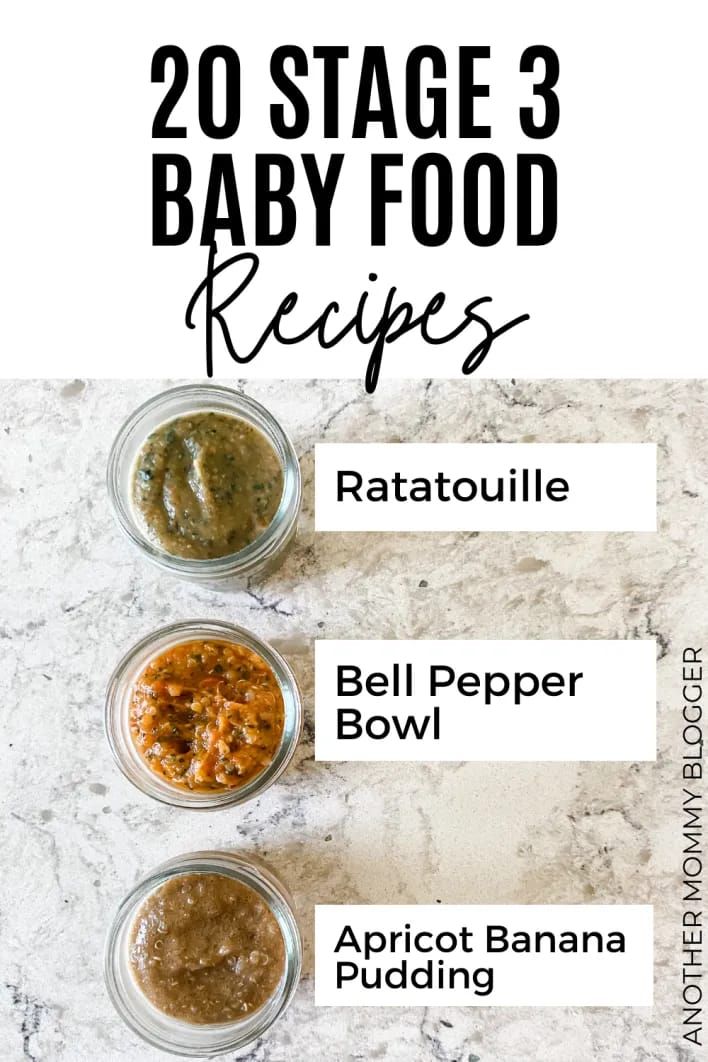 three small bowls filled with different types of baby food and the words 20 stage 3 baby food recipes