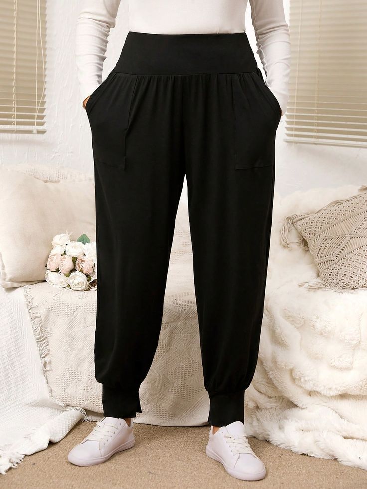 Plus Size Women Solid Color Pocket Pleats Casual Harem Pants Black Casual   Knitted Fabric Plain Jogger Medium Stretch  Women Plus Clothing, size features are:Bust: ,Length: ,Sleeve Length: White Tracksuit, Black Harem Pants, Girl Sweatpants, Mens Chino Pants, Hair Accessories Boho, Ankle Socks Women, Plus Size Pants, Casual Black, Inspiration Mode