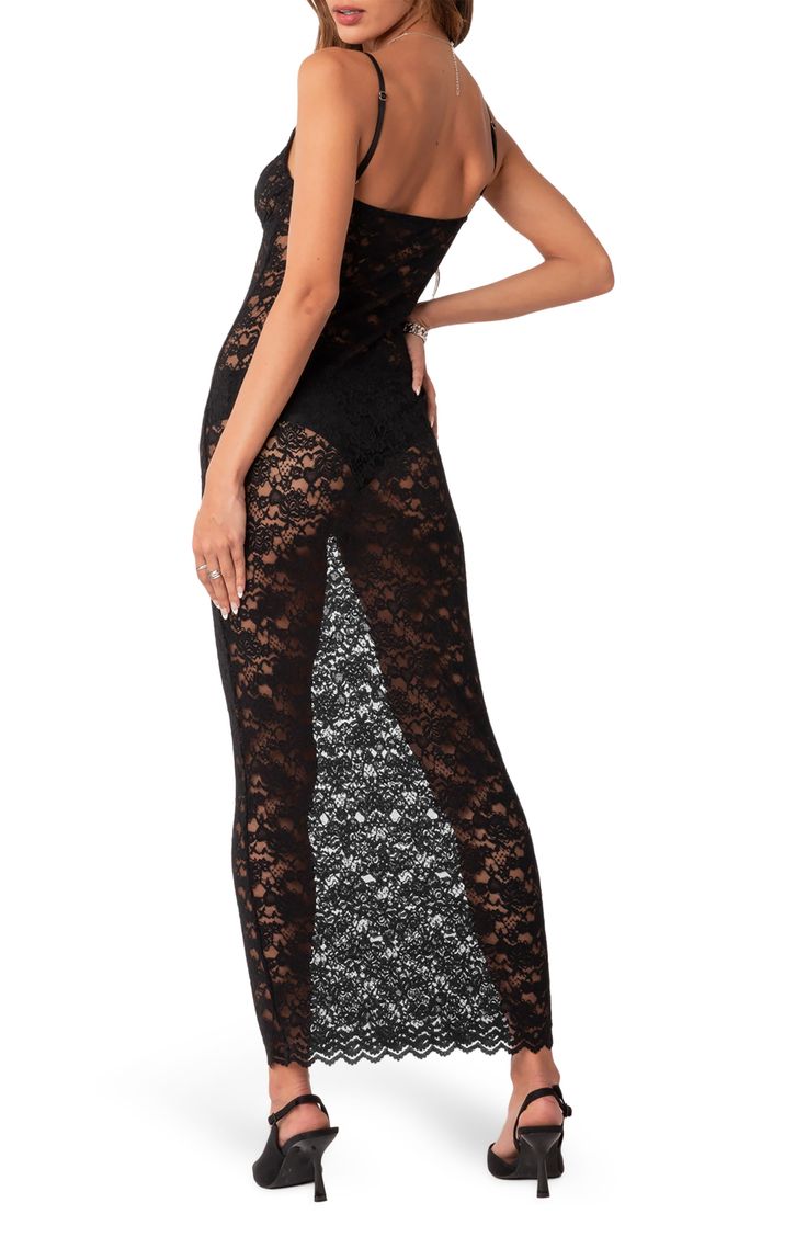 Sheer floral lace and a curve-skimming fit make this skin-baring maxi dress the perfect option for maximum reveal. Sweetheart neck Adjustable straps 95% polyester, 5% spandex Hand wash, dry flat Imported Backless Lace Maxi Dress With Lace Trim, Fitted Lace Maxi Dress With Lace Bodice, Lace Bodice Maxi Dress For Night Out, Fitted Lace Dress With Maxi Length Bodice, Fitted Lace Bodice Maxi Length Dress, Fitted Floor-length Lace Dress, Fitted Backless Maxi Dress With Lace Trim, Stretch Lace Dress With Delicate Details, Stretch Delicate Lace Dress