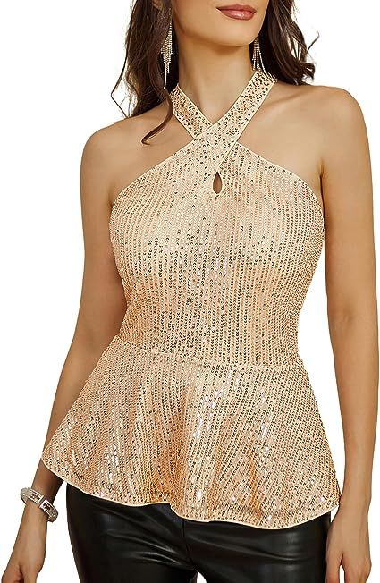 This Glitter Sequin Halter Peplum Sleeveless Top is sure to be a stand out piece this season. Made from a soft and lightweight fabric, it is designed with a flattering halter neckline and peplum waist for a flirty and feminine silhouette. Accented with sparkle and shine, this top is perfect for any occasion. 100% Polyester Imported Pull On closure Hand Wash Only Brand Size Dress Bust Waist Hip XS 0-2 31-32.5'' 23-24'' 31-34" S 4-6 33-35'' 25-26'' 35-37" M 6-12 35-36'' 27-28'' 38-39" L 12-14 38-4 Party Season Sequined Halter Top, Fitted Sequin Halter Neck Top, Sequined Fitted Halter Neck Top, Stretch Sleeveless Tank Top For Party, Evening Party Season Halter Neck Tank Top, Sequin Halter Top For Evening Wear, Sequin Halter Neck Top For Spring, Glamorous Halter Neck Top For Party Season, Party Season Halter Neck Tank Top For Night Out