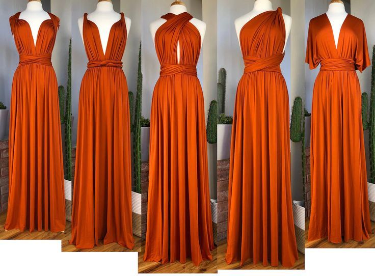 four different views of dresses on mannequins, one in orange and the other in