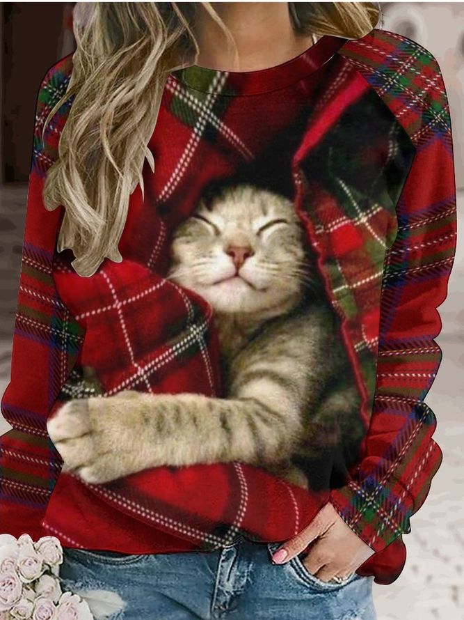 Women's Christmas Cat Crew Neck Plaid Sweatshirt | lilicloth Red Jumper, Estilo Chic, Casual Sportswear, Crochet Instructions, Women Hoodies Sweatshirts, Sierra Leone, Look Casual, Cat Print, Christmas Women