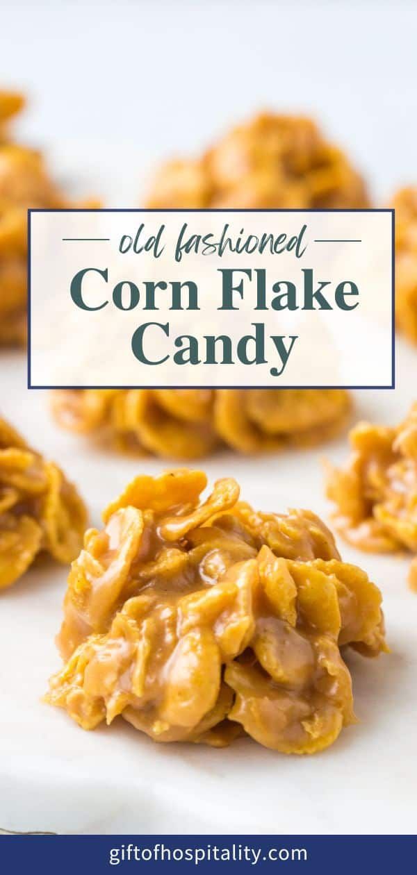 an image of corn flake candy on a white plate with text overlay that reads old fashioned corn flake candy