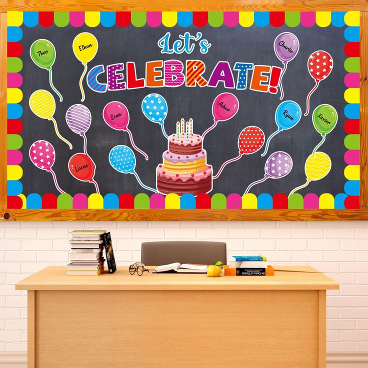 a birthday cake on a table in front of a chalkboard with balloons and the words let's celebrate