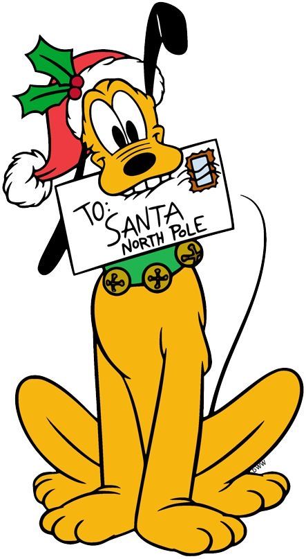 pluto the dog holding a sign that says santa's north pole with his hat on