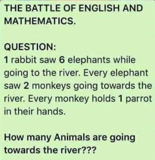 a sign that says, the battle of english and mathematics question 1 rabbit saw 6 elephants while going to the river every elephant saw 2 monkeys