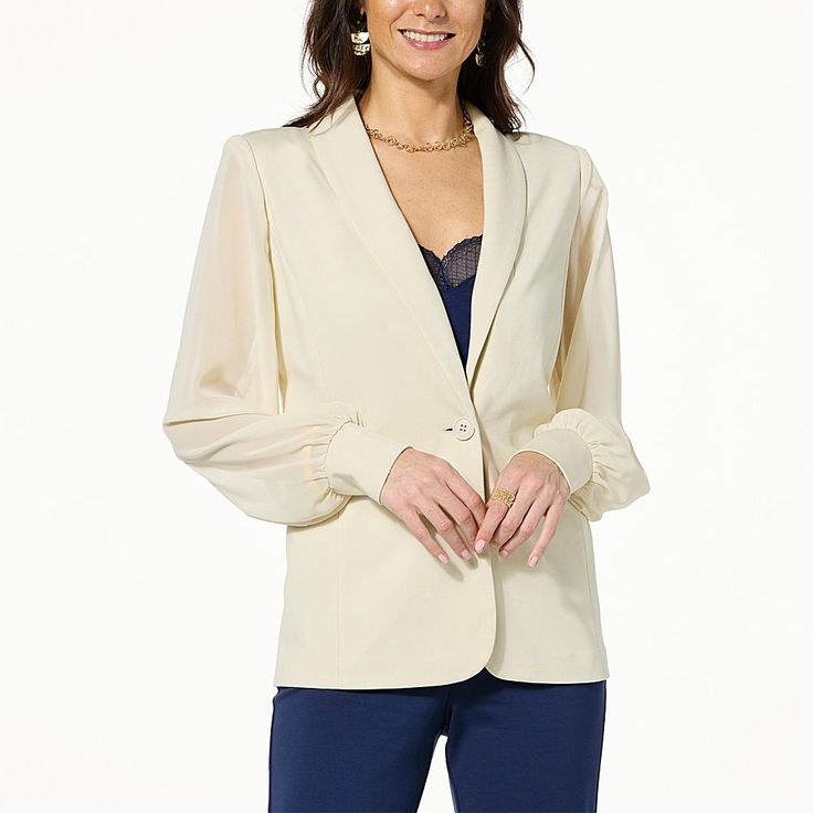 Colleen Lopez Chiffon Sleeve Ponte Knit Blazer   For an elevated take on a classic style, this mixed media ponte knit blazer goes the extra mile. Elegant Stretch Long Sleeve Blazer, Elegant Long Sleeve Stretch Blazer, Elegant Stretch Blazer With Long Sleeves, Elegant Stretch Solid Color Blazer, Elegant Stretch Blazer For Business Casual, Elegant Tailored Blazer For Layering, Elegant Stretch Outerwear For Layering, Elegant Cream Outerwear For Layering, Fitted Beige Blazer For Layering