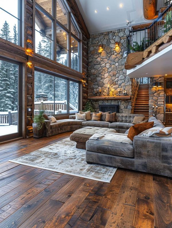 a large living room with wood floors and stone walls, along with wooden stairs that lead up to the second floor