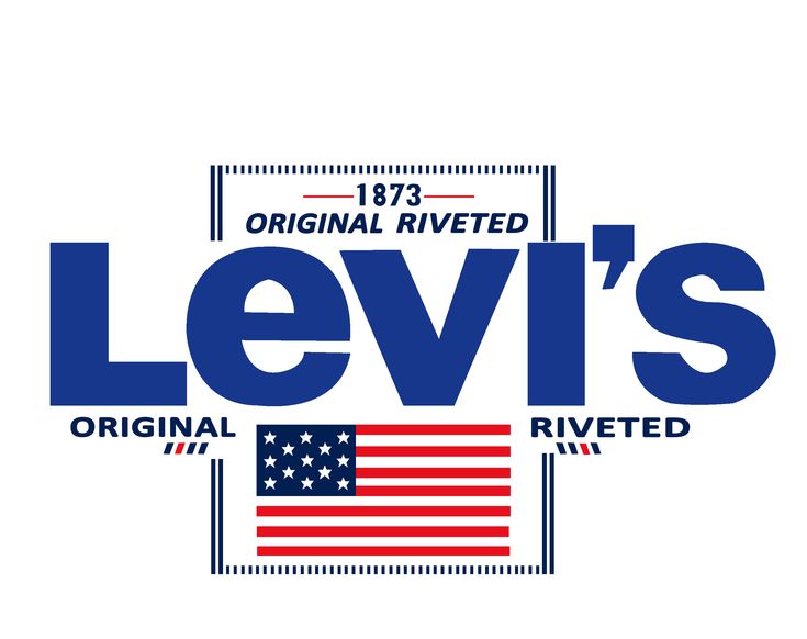 the levi's logo with an american flag in blue and red on white background