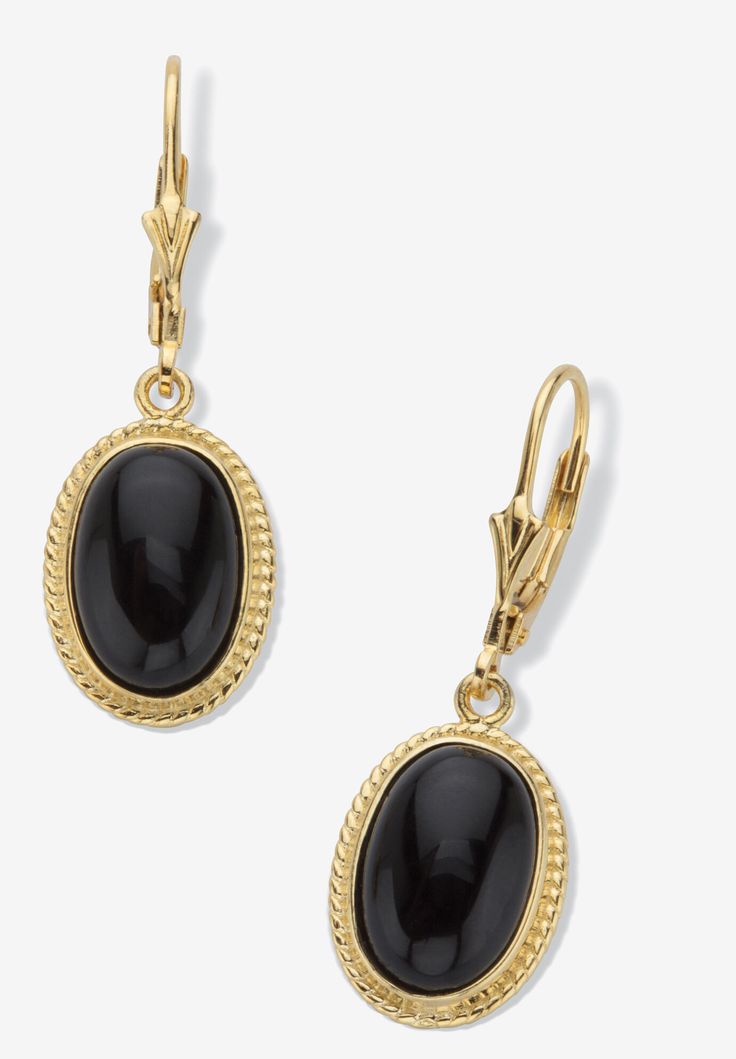 Let the timeless look of genuine black onyx cabochon drop earrings add that little bit of sassy elegance to your everyday wardrobe. The smooth bezel-set stones are set with lever backs to keep them secure. Fashionable and fun to wear in 14k gold-plated sterling silver.FABRIC: 14k Gold-Plated Sterling SilverMain Stone: 2 Oval Cabachon Cut Genuine Black Onyx, 12 mm x 8 mmDimensions: 11 mm wide x 34 mm long x 5 mm highIncludes gift box and drawstring pouch | Women's Oval-Cut Genuine Black Onyx 14K Gold-Plated Sterling Silver Drop Earrings by PalmBeach Jewelry in Black Classic Black Earrings For Formal Occasions, Elegant Black Oval Earrings, Classic Black Earrings With Polished Finish, Classic Black Oval Earrings, Elegant Oval Cabochon Clip-on Jewelry, Elegant Oval Cabochon Earrings With Polished Finish, Elegant Onyx Cabochon Jewelry, Black Oval Earrings For Formal Occasions, Classic Onyx Oval Cabochon Jewelry