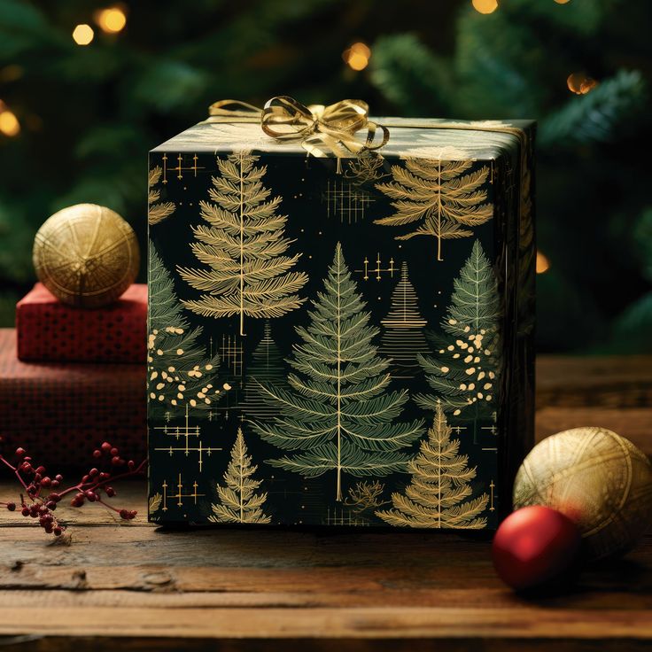 a present box with gold foiled pine trees on it next to other presents and decorations