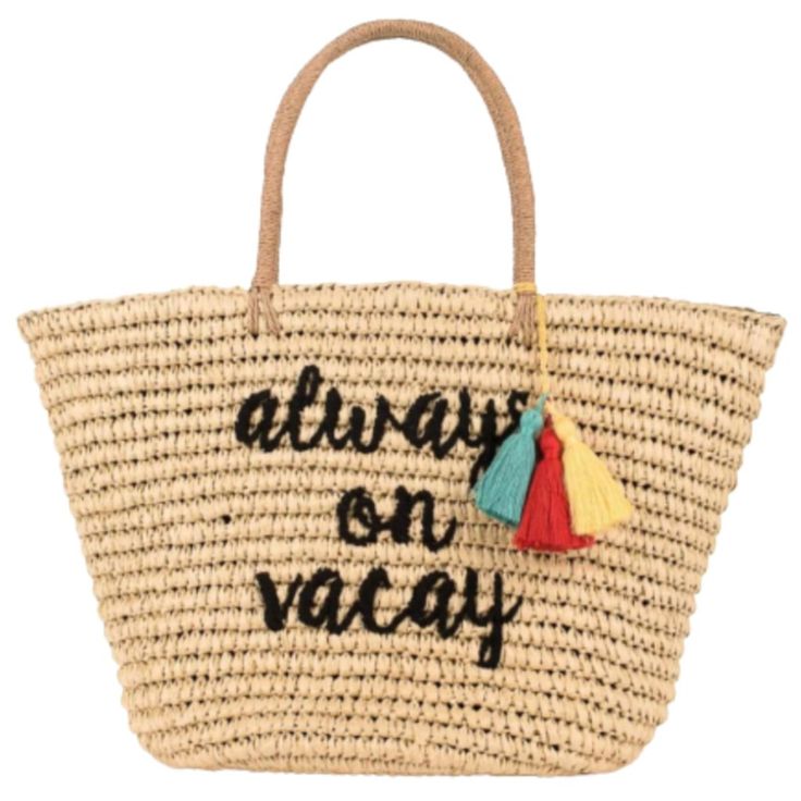 Natural Straw Tote With Embroidered Graphic 'Always On Vacay' From C.C This Bag Is Everything You Need For A Stylish Trip To The Lake, Beach Or Pool! 21"(W) X 14"(H) X 11"(D) Lined Wall Zipper Pocket Double Wall Pocket Black Embroidered "Always On Vacay" Tassel Accent Color: Natural New With Tags, Smoke-Free Home You'll Be Vacation, Beach, And Pool Ready With This C.C Always On Vacay Woven Straw Tote! Casual Embroidered Tote Beach Bag, Casual Embroidered Beach Bag For Vacation, Casual Embroidered Straw Tote Bag, Casual Embroidered Natural Bag, Embroidered Natural Beach Bag For Vacation, Casual Embroidered Beach Bag For Summer, Embroidered Beige Straw Bag For Travel, Embroidered Bags For Summer Vacation, Spring Vacation Embroidered Bag