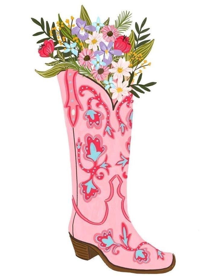 a pink cowboy boot with flowers in it