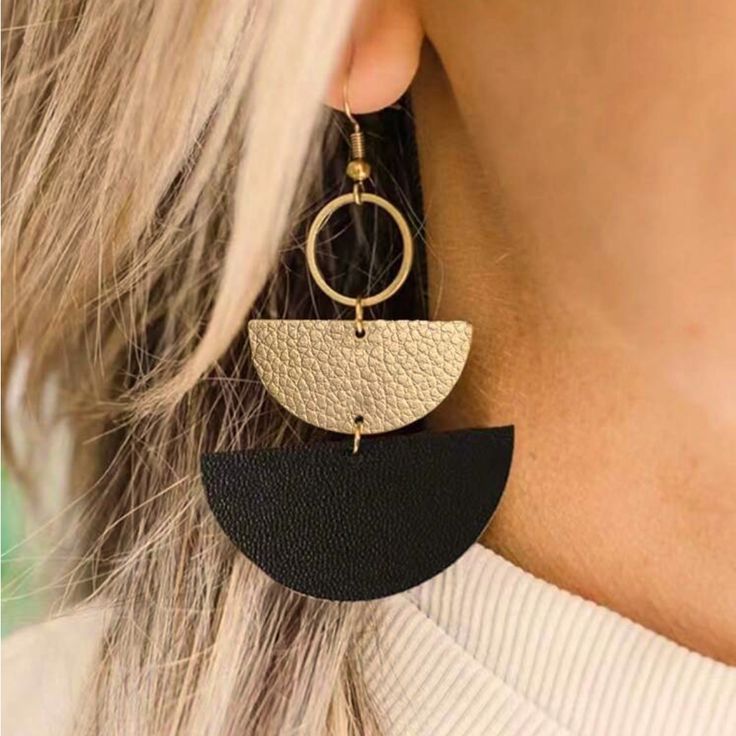 Lightweight Leather Half Circle Earrings. Black/Gold. New Chic Black Round Earrings, Trendy Black Nickel-free Earrings, Trendy Black Everyday Earrings, Chic Black Dangle Jewelry, Black Dangle Earrings For Everyday, Black Drop Earrings For Everyday, Black Metal Dangle Earrings, Black Minimalist Metal Earrings, Everyday Black Drop Earrings