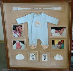 a baby's first year photo frame with pictures and photos on the bottom is an infant in a bear suit