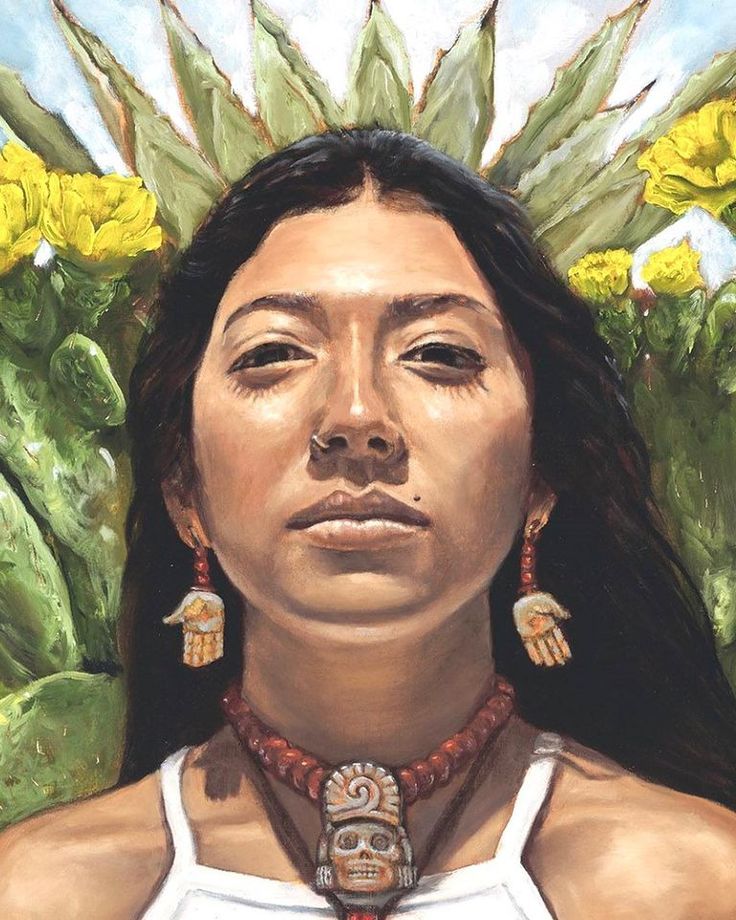 an oil painting of a native american woman with flowers in the back ground and behind her head