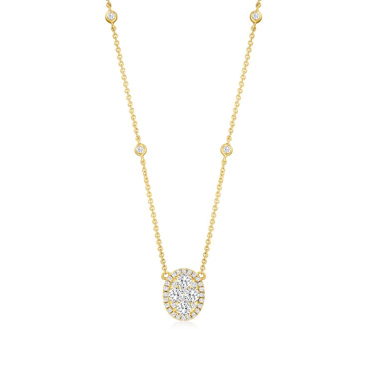 Ross-Simons - .67ct t. w. Diamond Oval Cluster Necklace in 14kt Yellow Gold. 18". Outfits of any season, style or era will equally enjoy the company of this beautiful necklace. A total of .67 ct. t. w. round brilliant-cut diamonds present themselves as a sparkling oval-shaped cluster and bezel-set embellishments that trace upwards along the 14kt yellow gold cable chain. Lobster clasp, diamond oval cluster necklace. Diamond birthstones are the perfect gift for April birthdays. Classic Gold Oval Diamond Necklace, Oval Diamond Necklace With Halo Setting, Oval Yellow Gold Necklace With Halo Setting, Classic Yellow Gold Diamond Necklace With Halo Setting, Fine Jewelry Oval Diamond Necklace With Single Cut Diamonds, Classic Oval Diamond Necklace, Oval 14k Yellow Gold Diamond Necklace, Oval Yellow Gold 14k Diamond Necklace, Yellow Gold Oval Necklace With Brilliant Cut