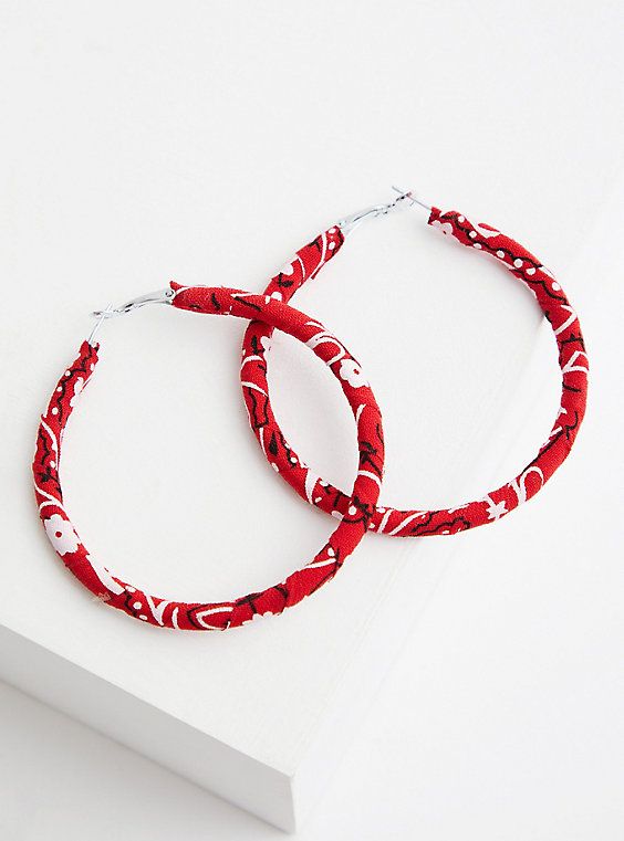 These hoop earrings feature a red banana wrap that's sure to add a bit of colorful flair to any look. Post backs. Man-made materials. Imported. 69mm diameter, 5mm thick. The best plus size women's red bandana wrapped hoop scarves in red. Trendy Small Hoop Red Earrings, Trendy Small Red Hoop Earrings, Trendy Red Hoop Earrings, Adjustable Red Hoop Earrings, Red Small Hoop Earrings For Summer, Red Hoop Earrings For Summer, Adjustable Trendy Hoop Earrings, Trendy Adjustable Hoop Earrings, Red Bandana Shoes