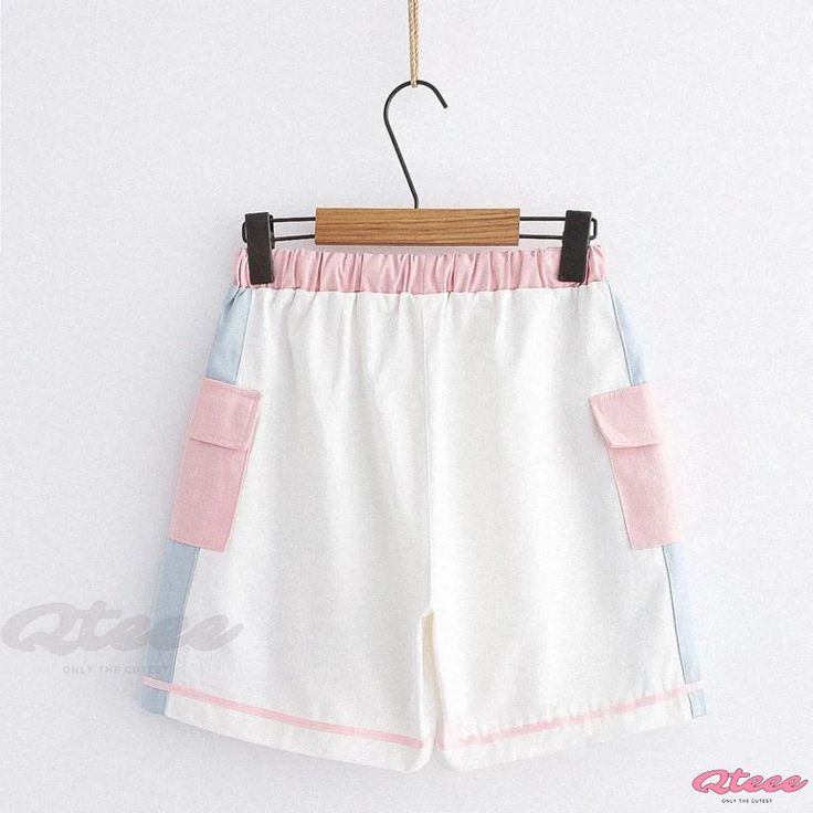 Qteee - Bunny Letter Embroidered Pocket Shorts Cute White Shorts With Elastic Waistband, Trendy Short Bottoms For School, Cute Short-length Bottoms With Pockets, Cute Cotton Bottoms With Pockets, Casual Summer School Shorts, Casual Summer Shorts For School, Spring School Shorts With Pockets, Cute White Cotton Shorts, Cute Multicolor Cotton Bottoms