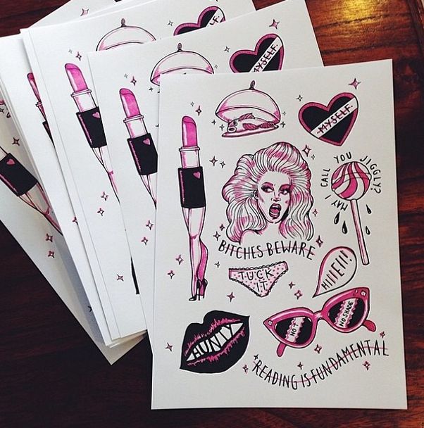 four greeting cards with pink and black designs on them, each featuring different types of lipstick