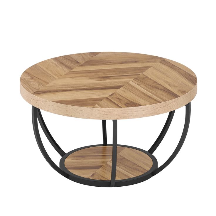 a round wooden table with metal legs and a circular wood tray on the bottom,