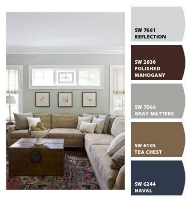 a living room with couches, chairs and rugs in shades of brown, blue, gray, and white