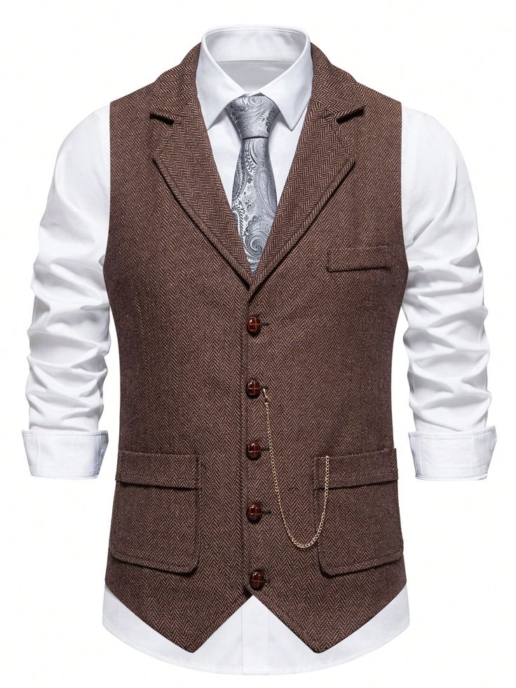 Men's Herringbone Tweed Woolen Waistcoat, Vintage Lapel Collar With Chain Decoration Coffee Brown   Sleeveless Suedette Plain  Slight Stretch  Men Clothing, size features are:Bust: ,Length: ,Sleeve Length: Gilet Men, Casual Suit Vest, Casual Blazer Men, Brown Waistcoat, Men Waistcoat, Business Casual Blazer, Mens Waistcoat, Men's Waistcoat, Tweed Waistcoat