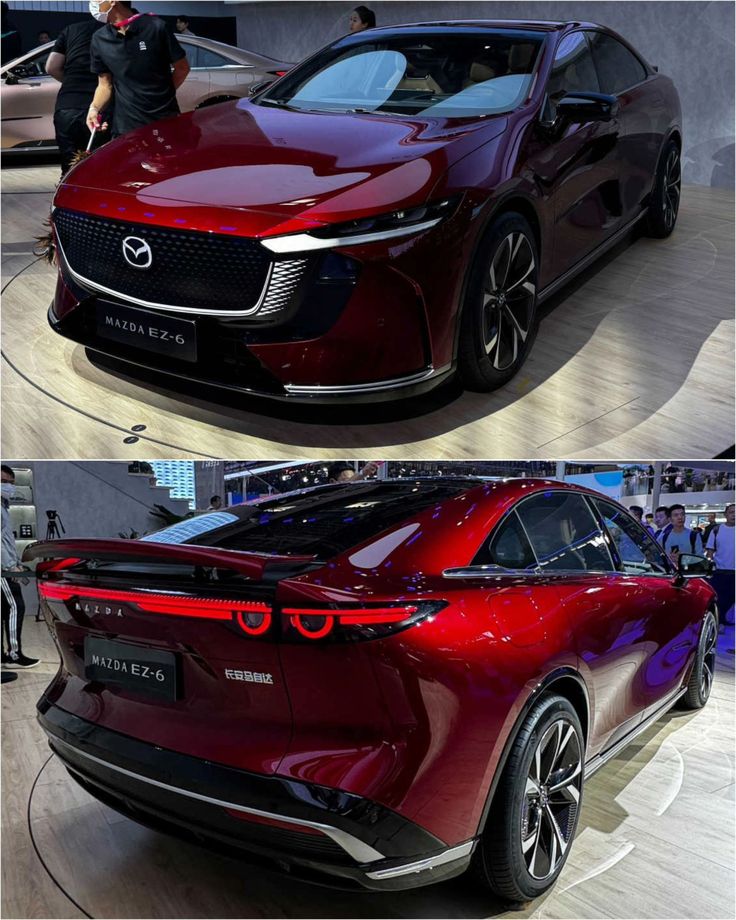 two different views of a red car on display at an auto show, one showing the front and side view