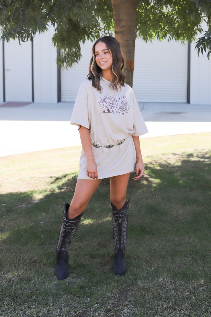 Giddy Up Tee - ShopSpoiled Oversized Tops For Rodeo In Spring, Oversized Summer Tops For Rodeo, Oversized Tops For Summer Rodeo, Oversized Spring Tops For Rodeo, Trendy Oversized Tops For Rodeo, Casual Relaxed Fit Tops For Rodeo, Casual Spring Tops For Country Concerts, Short Sleeve Top For Rodeo In Spring, Short Sleeve Tops For Rodeo In Spring