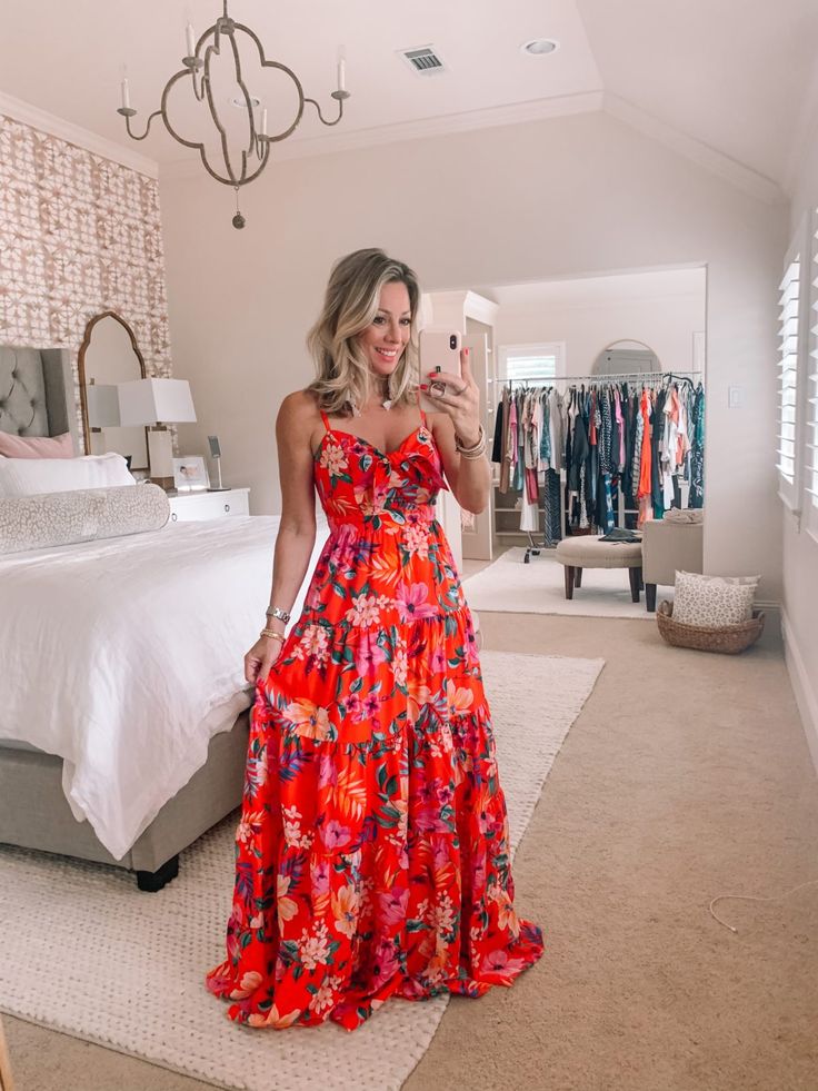 Bright Color Dress, Bright Color Dresses Summer, Bright Dresses Summer, Vibrant Summer Floral Print Maxi Dress, Flowy Vibrant Print Midi Dress, Summer Vacation Red Floral Dress, Vibrant Red Maxi Dress With Floral Print, Long Pink Floral Dress, Bright Bridesmaid Dresses