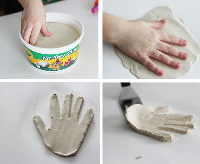 four pictures showing different stages of making clay handprints