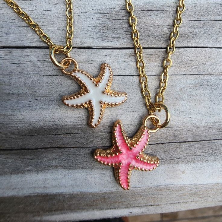 "Beautiful gold starfish enamel charm necklace. Charm is alloy with enamel and light gold plating. 13 mm x 17 mm in size. Available in pink or white. 18\" stainless steel gold plated chain. *each additional item ships for only $1" Pink Starfish Jewelry For Gift, Pink Starfish Charm Jewelry, Pink Star Jewelry With Starfish Charm, Pink Star-shaped Jewelry With Starfish Charm, White Starfish Charm Necklace, White Starfish Necklace With Starfish Charm, Indian Rocks Beach, Fish Hook Necklace, Hook Necklace