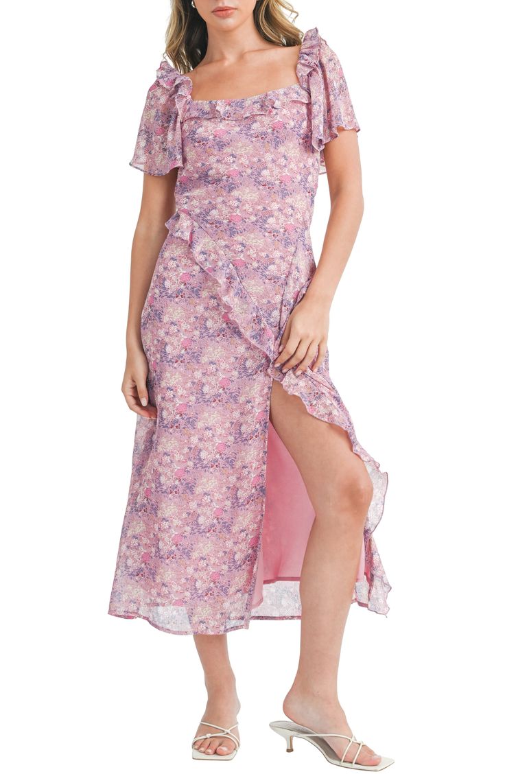 Blossoming flowers lend a dose of sweetness to this charming midi dress framed by puffy sleeves for trend-right style. 49" length Hidden side-zip closure Square neck Short sleeves Partially lined 100% polyester Hand wash, line dry Imported Feminine Floral Print Midi Dress With Puff Sleeves, Feminine Pink Midi Dress With Ditsy Floral Print, Feminine Ditsy Floral Knee-length Dress, Feminine Floral Midi Dress With Ruffle Hem, Feminine Midi Floral Dress With Ruffle Hem, Pink Flutter Sleeve Dress With Ditsy Floral Print, Pink Ditsy Floral Print Dress With Flutter Sleeves, Pink Flutter Sleeve Midi Dress For Brunch, Pink Puff Sleeve Midi Dress With Ruffle Hem