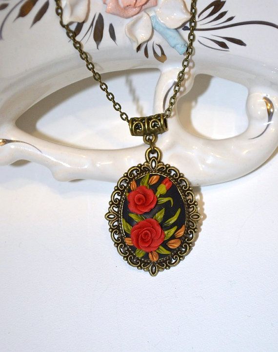 flower pendant red roses gift for wife Nature necklace gift for bride Romantic Necklace sister birth Polymer Clay Pendant Jewelry Gift, Red Polymer Clay Necklace For Gift, Flower-shaped Jewelry With Roses For Gift, Red Roses Necklaces For Gift, Red Rose Necklace For Gift, Red Rose Necklaces For Gifts, Floral Jewelry With Roses For Gift, Gift Red Rose Necklaces, Red Polymer Clay Jewelry For Gift