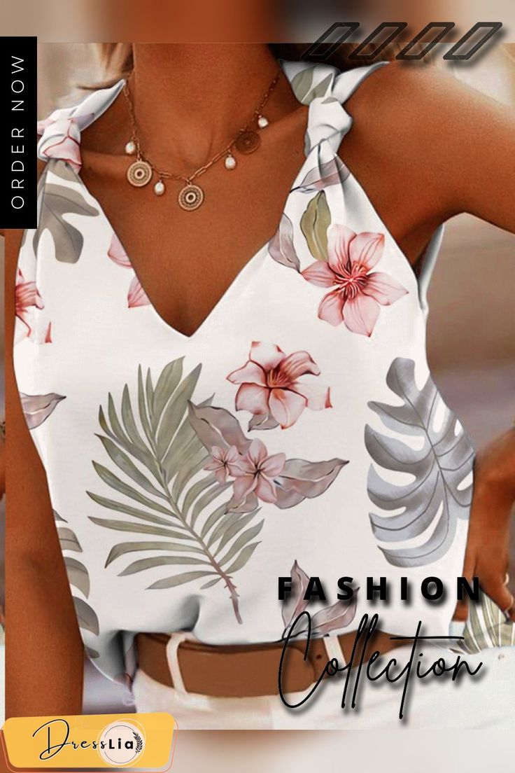 Women's Tank Tops Printed V-neck Knotted Sleeveless Tank Top Summer V-neck Tank Top For Day Out, Summer V-neck Camisole For Vacation, V-neck Vest Top For Beach Season, Chic Summer Beach Vest, Summer Beach Halter Top Vest, Chic Summer Vest For Vacation, Chic Summer Vacation Vest, Chic V-neck Tank Top For Vacation, Chic Tank Vest For Beach