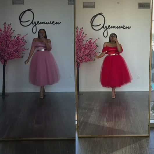 Custom Bardot Midi Skirt Set – Oyemwen Flowy Skirt Party Dress For Prom Season, Flowy Skirt Dress For Prom Season Party, Elegant Pink Two-piece Party Dress, Elegant Pink Two-piece Dress For Party, Party Season Tulle Skirt, Elegant Party Season Dress With Skirt, Elegant Dresses With Skirt Shape For Party Season, Elegant Skirt-style Dress For Party Season, Party Tulle Pleated Skirt