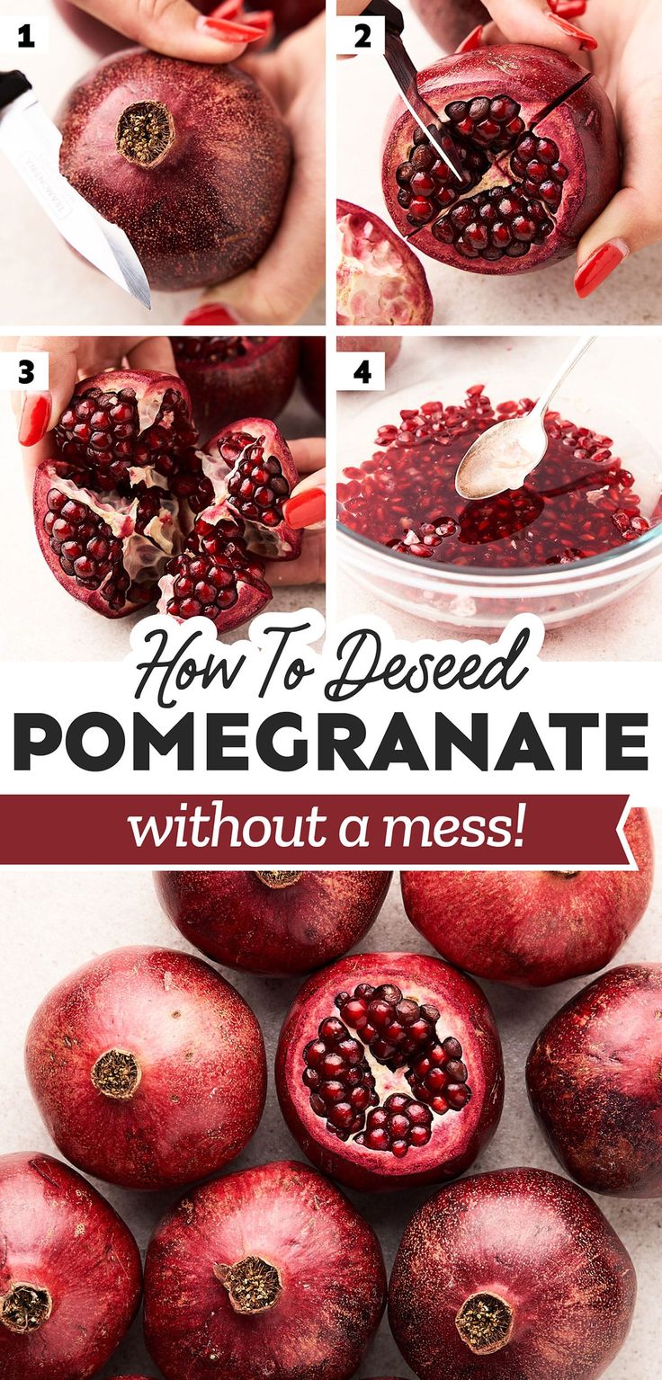 pomegranate being peeled and cut into pieces with text overlay that reads how to preserve pomegranate without mess