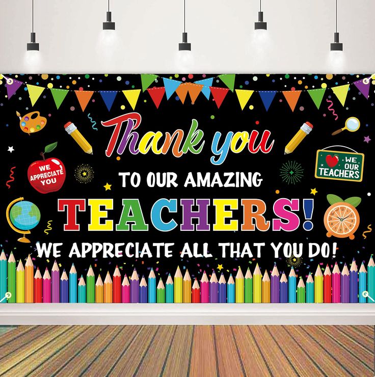 a classroom wall mural with colorful pencils and teacher's day message on it