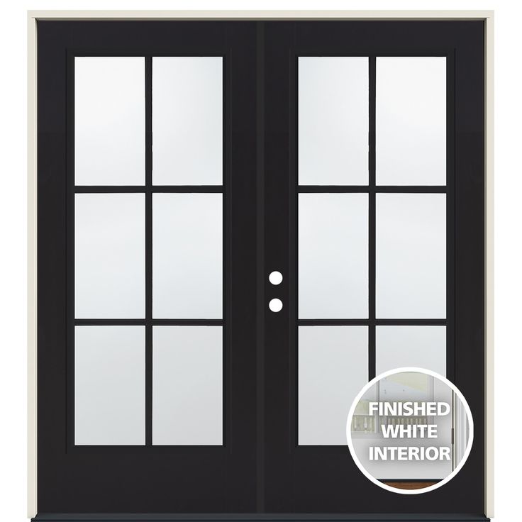 a black double door with frosted glass