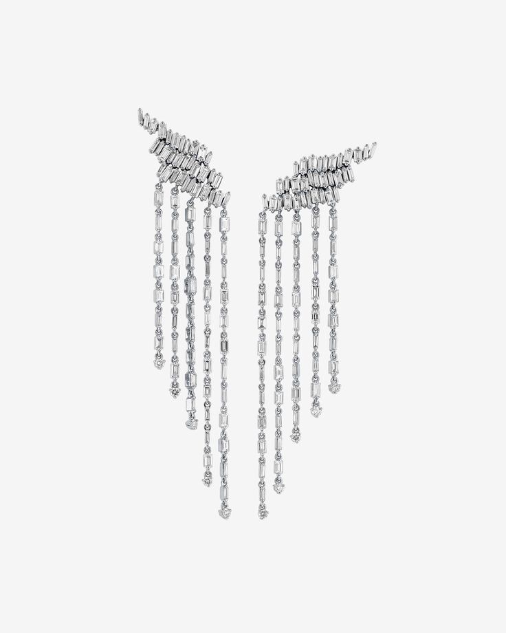 Suzanne Kalan Classic Diamond Angel Drop Earrings in 18k white gold Platinum Diamond Earrings With Baguette Diamonds For Formal Events, Platinum Diamond Earrings With Baguette Diamonds For Formal Occasions, Platinum Diamond Earrings With Baguette Cut For Formal Occasions, Luxury White Gold Baguette Cut Diamond Earrings, Luxury Platinum Diamond Earrings With Baguette Diamonds, Luxury Diamond Earrings With Baguette Cut, Platinum Earrings With Baguette Cut Diamonds, Luxury Platinum Jewelry With Baguette Diamonds, Luxury Platinum Baguette Diamond Earrings