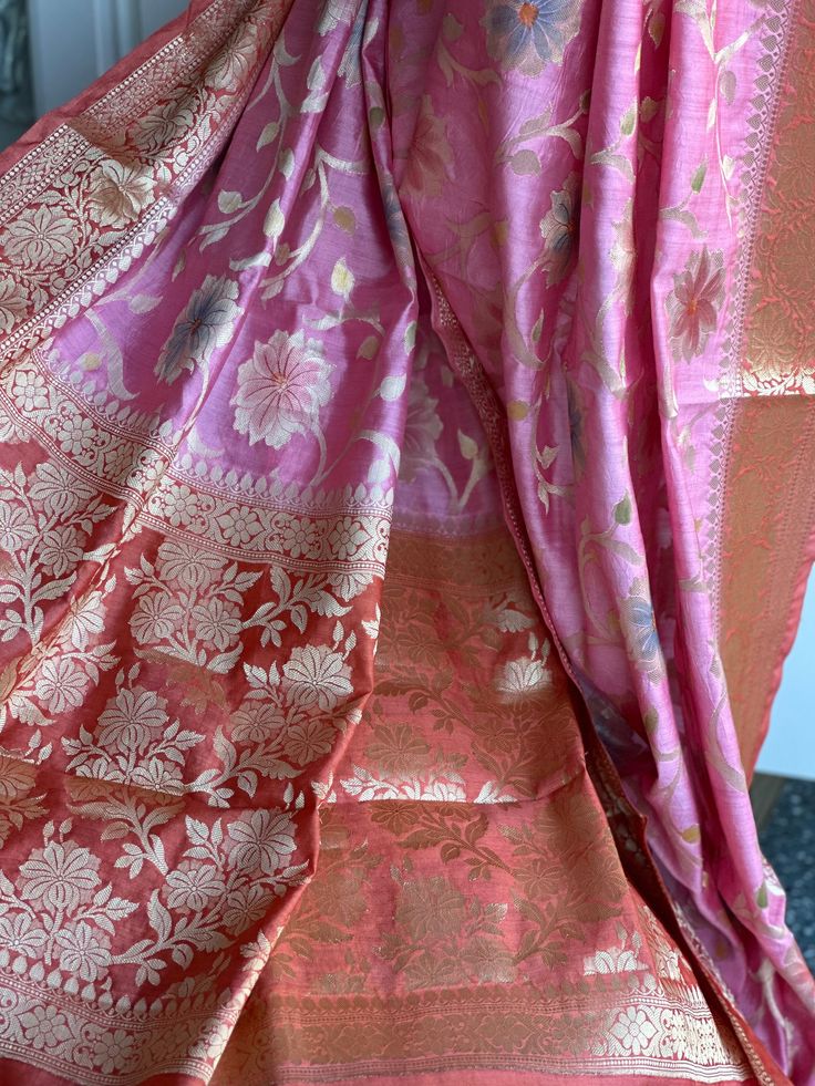 Pure chiniya silk saree, fall & pico done blouse 38-42 Anarkali Silk Shawl With Traditional Drape, Silk Anarkali Shawl For Weddings, Silk Anarkali Shawl With Traditional Drape, Silk Lehenga With Dupatta For Puja, Pink Tussar Silk Anarkali Set With Traditional Drape, Pink Katan Silk Anarkali Set With Traditional Drape, Traditional Drape Pink Tussar Silk Anarkali Set, Traditional Pink Katan Silk Anarkali Set, Silk Salwar Kameez With Cutdana For Puja