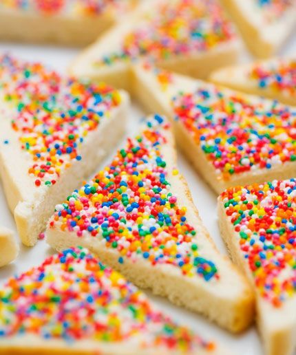 colorful sprinkles and white frosting on slices of cake