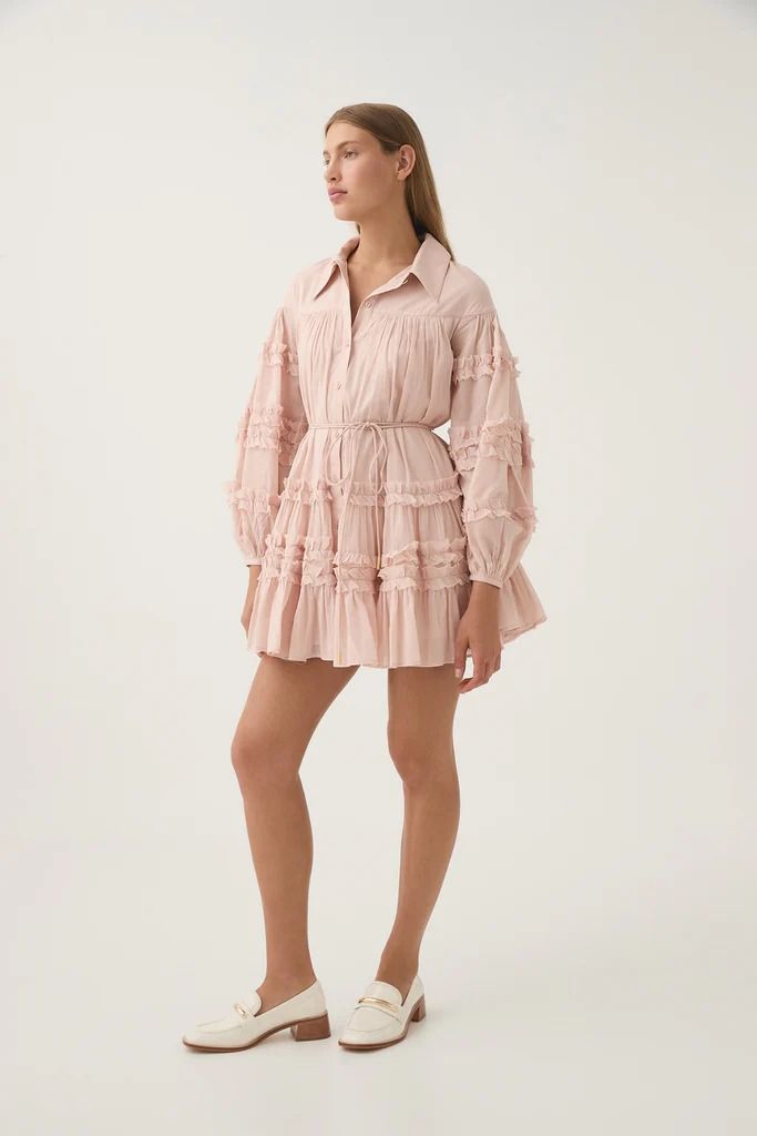 Pastiche Tiered Mini Dress | Blush Pink | Aje – Aje ROW Little Pink Dress, Dress Blush Pink, Frill Shirt, Silhouette Shirt, Tiered Mini Dress, Floral Chiffon Dress, Knit Jumpsuit, Denim Accessories, Floral Chiffon